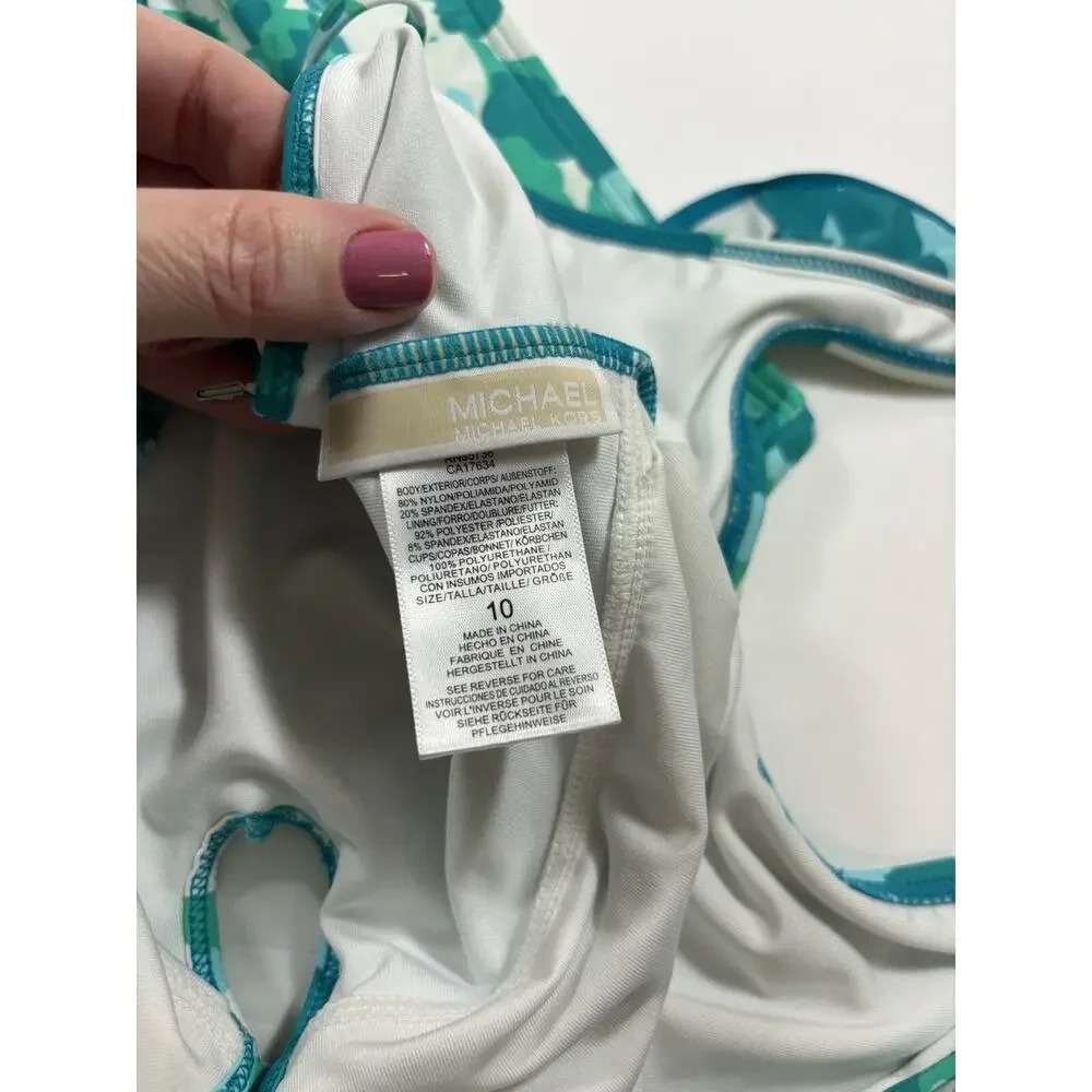 Michael Kors Swim One Piece Bathing Suit Swimsuit Teal Blue White Floral 10